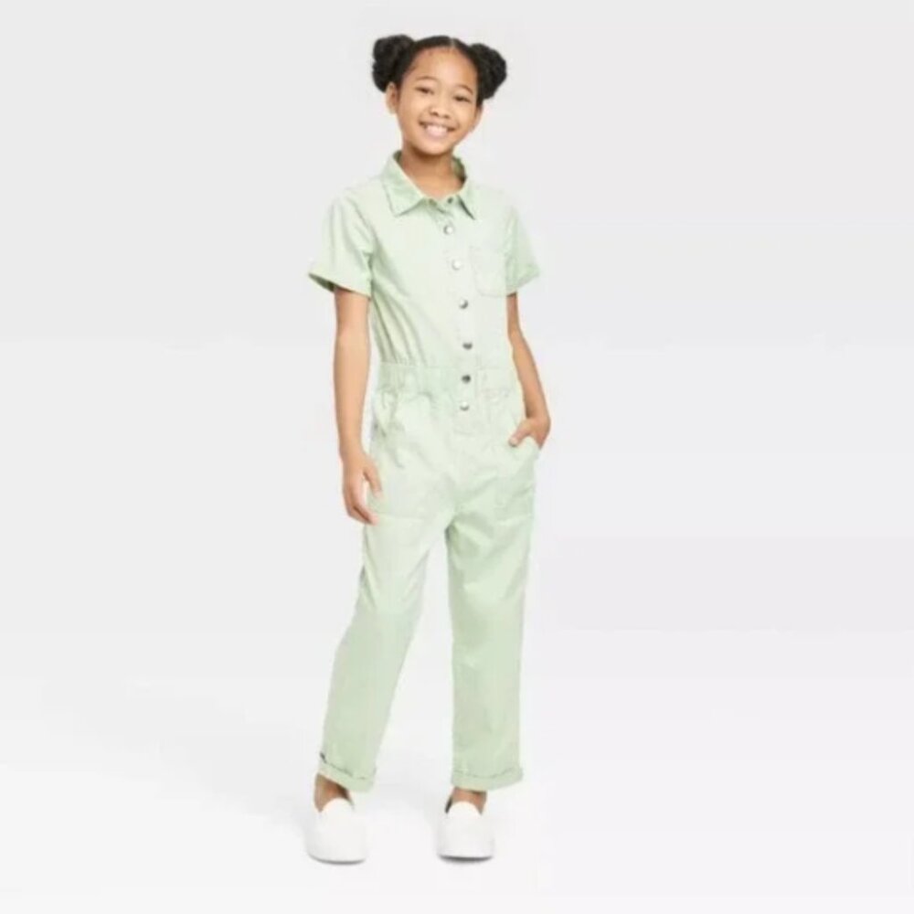 Cat & Jack Girls' Short Sleeve Jumpsuit - Sage Green Size L (10/12) NWT